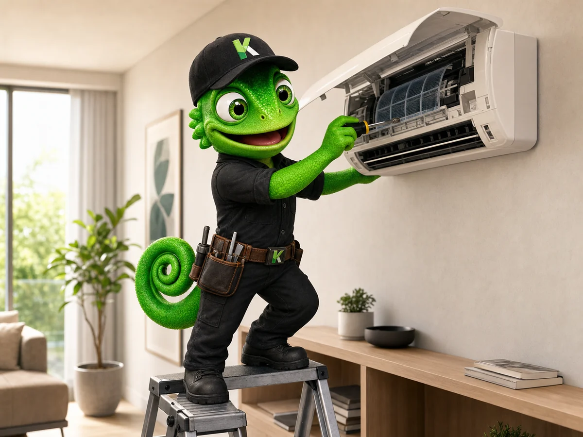 Mascote KaleOS representando serviços de Manutenção de ar-condicionado